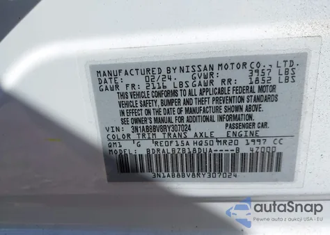 2024 Nissan Sentra S Xtronic Cvt из США, поврежденный, VIN 3N1AB8BV8RY307024